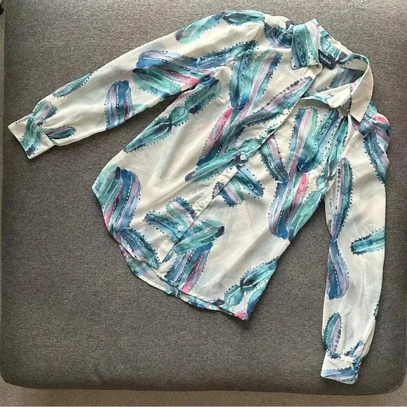 ModCloth Button Down Watercolor Cactus Shirt XS - Picture 1 of 6